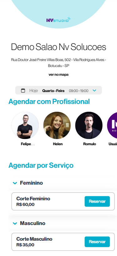 Sistema NV Studio — agendamento online pelo celular