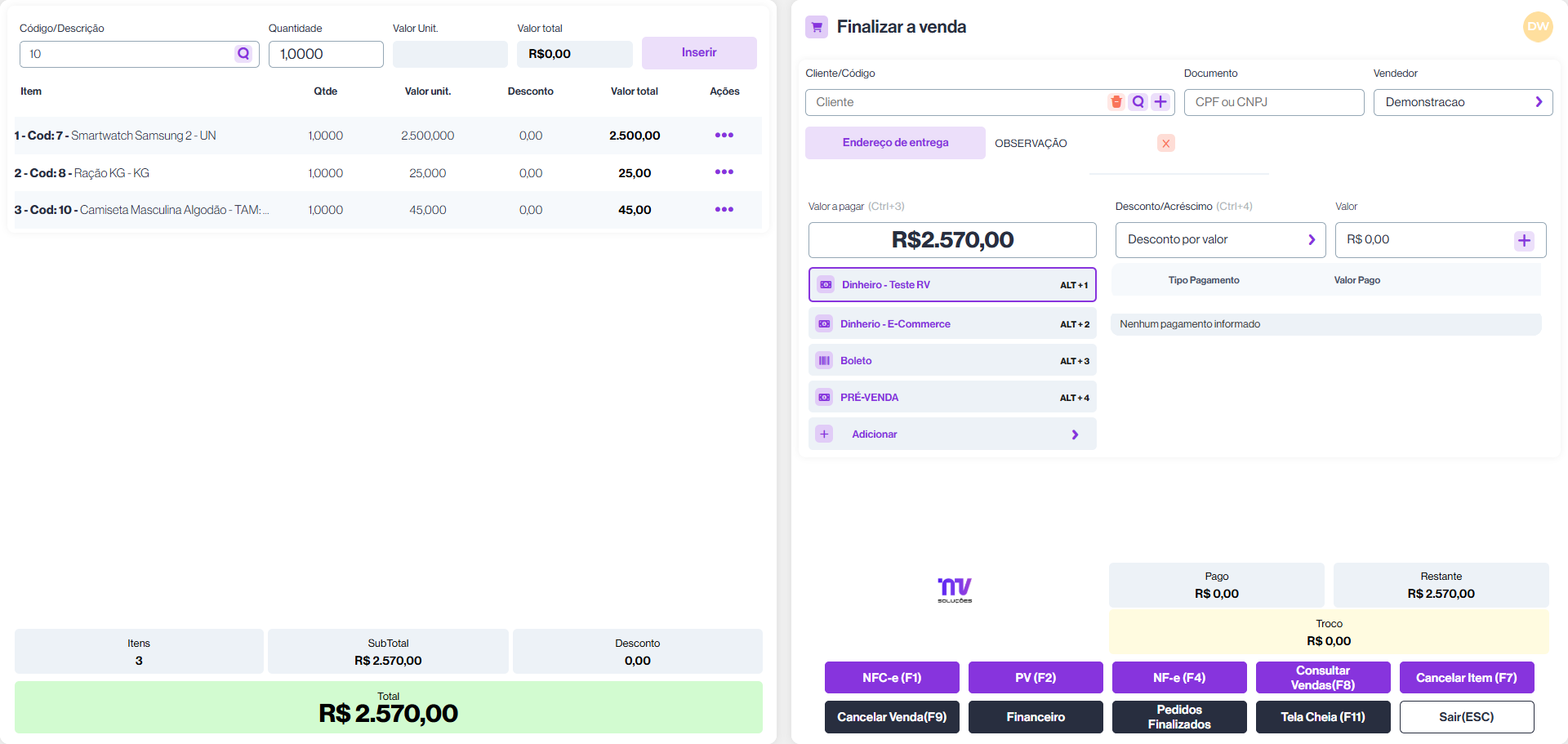 Sistema NV Web — tela de frente de caixa PDV para varejo